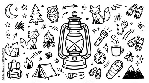 Night forest adventure icons featuring a lantern.
