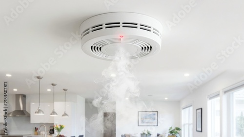 White smoke emitting from a circular smoke detector mounted on a ceiling