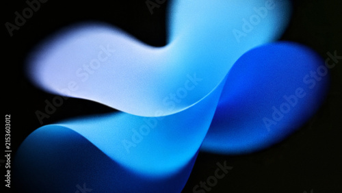 Abstract grainy background with blurred aura gradient floating fluid waves in vibrant light blue and soft pink over dark black backdrop design.