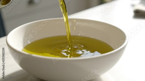 Pouring golden olive oil into a white ceramic bowl on a clean kitchen counter