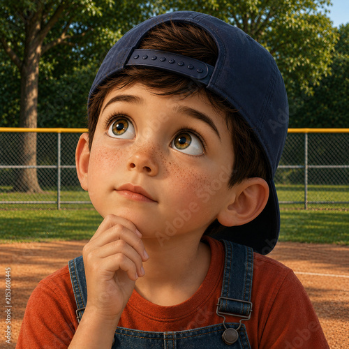Thoughtful boy in backward cap looking upward at baseball field