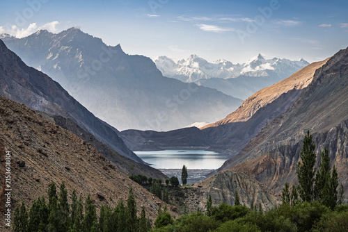Late summer afternoon landscape view of Satpara or Sadpara lake in Skardu valley with Karakoram mountains in background, Gilgit Baltistan, Pakistan