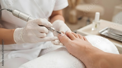 Podiatrist Using Electric Nail Drill for Professional Pedicure Treatment in Beauty Salon