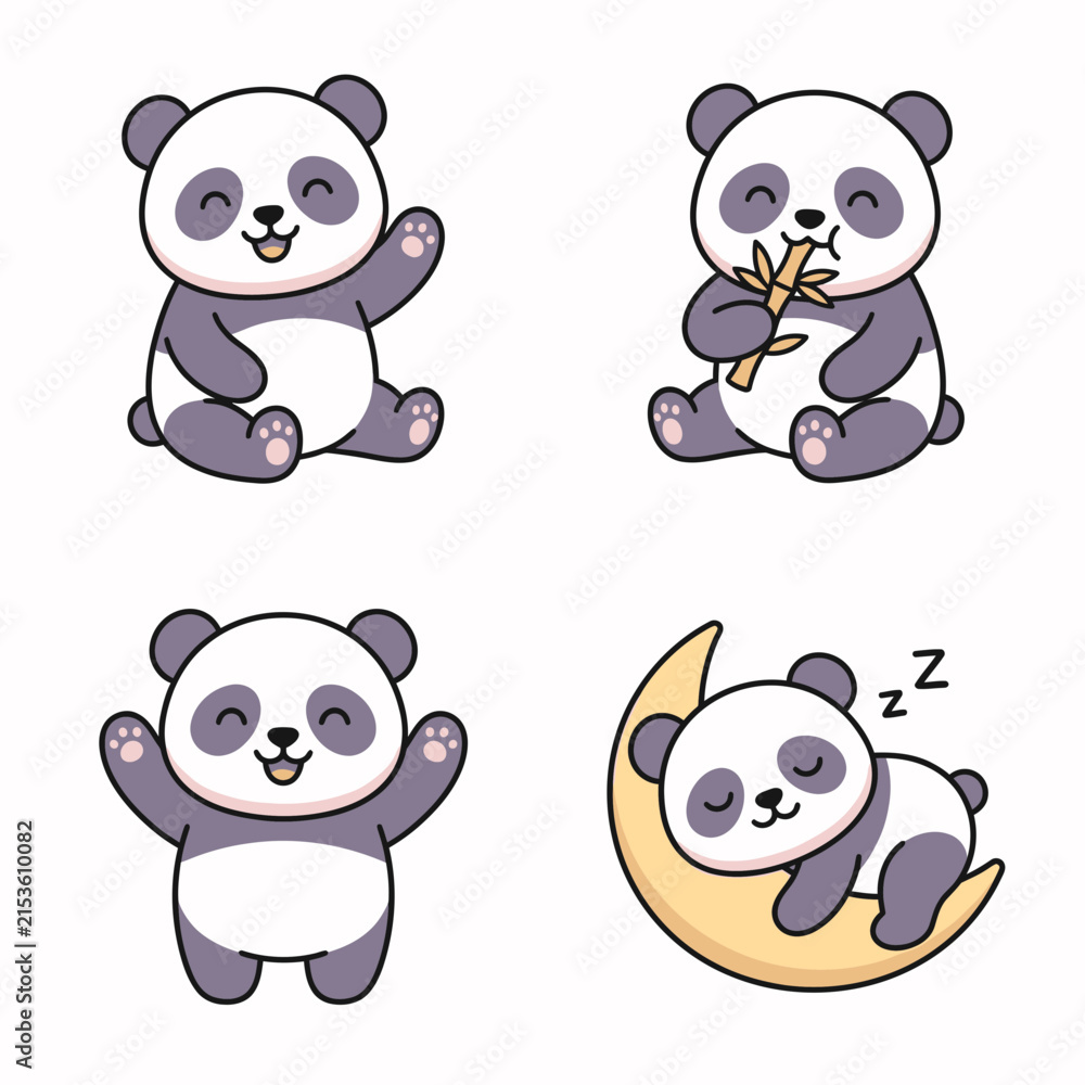 Fototapeta premium Set of cute panda bear illustrations.