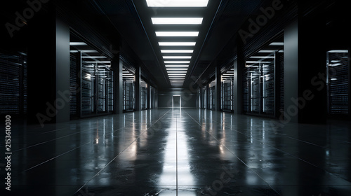 Dark server room corridor with reflective floor and rows of rack cabinets under linear ceiling lights creating futuristic clean data center atmosphere
