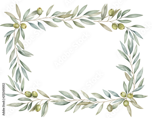 Watercolor painting of an olive branch frame with green olives and leaves on transparent background