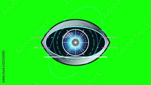 Futuristic eye icon featuring digital interface elements displays biometric surveillance capabilities on a green background.