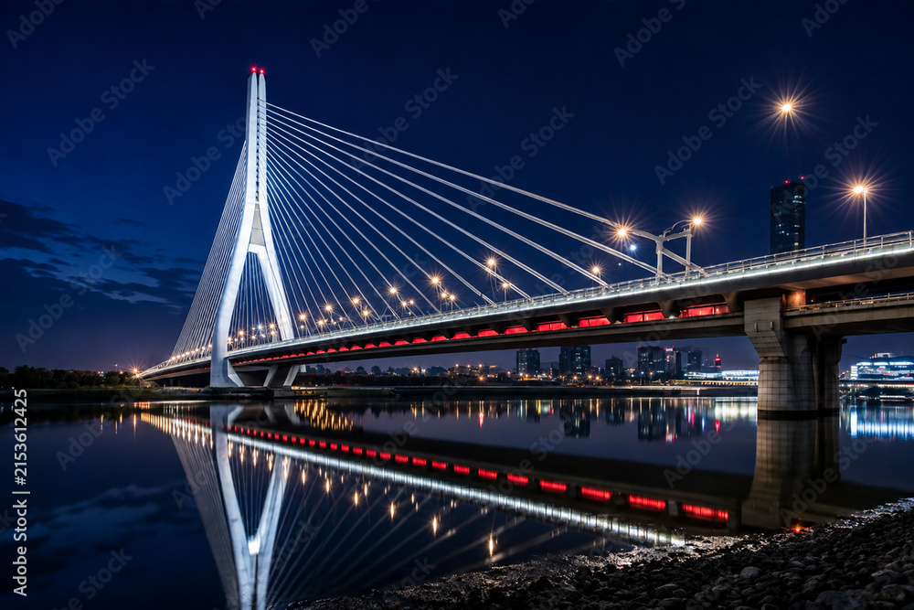 Naklejka premium Modern illuminated cable stayed bridge over calm water at nighttime