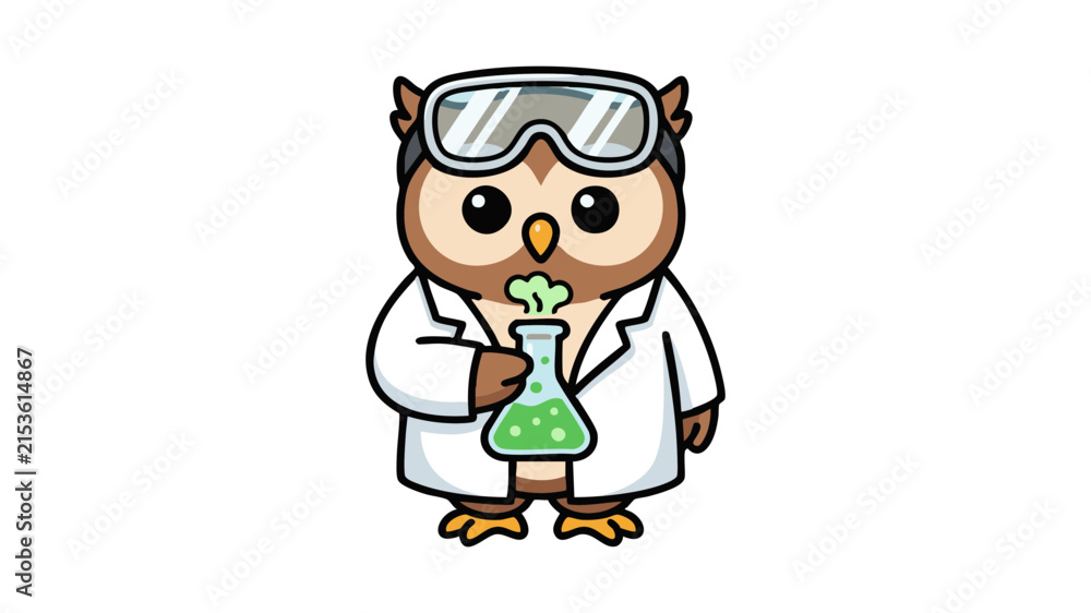 Fototapeta premium Cute owl scientist vector, cartoon bird wearing lab coat and goggles, wise owl holding chemistry flask for education
