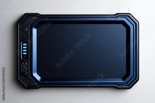 Display panel with dark blue screen, metallic bezel, glowing indicators, and empty center area for defense, technology, or branding layouts.