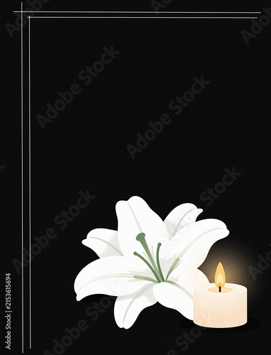 Funeral background with white lily and burning candle. 
