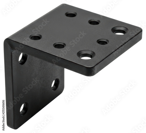 Black metal L-shaped corner bracket hardware on transparent background