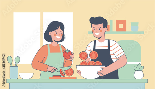 Happy couple preparing a healthy meal together in a sunny kitchen by chopping fresh tomatoes and placing them into a large white bowl.
