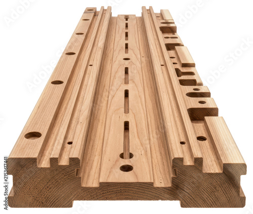 CNC milled wooden rail guide component with transparent backdrop