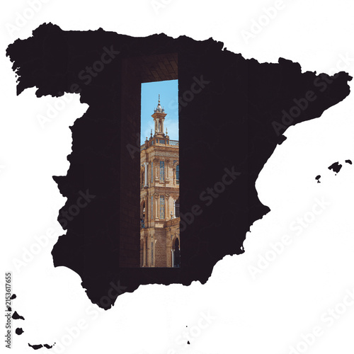 Spain Map Silhouette with Plaza de Espana in Seville