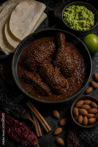 Traditional mexican mole poblano sauce over chicken pieces served with corn tortillas and fresh guacamole. Authentic regional dish with dark chocolate and chili pepper base seasoning.