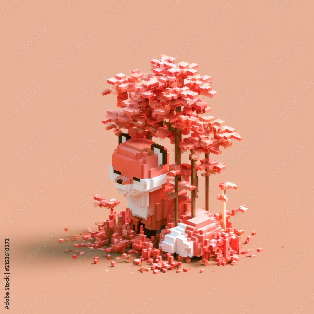 Naklejka premium A cute voxel fox stands among blocky leaves in a russet scene made of cubes. The environment features vibrant block shapes and colors.