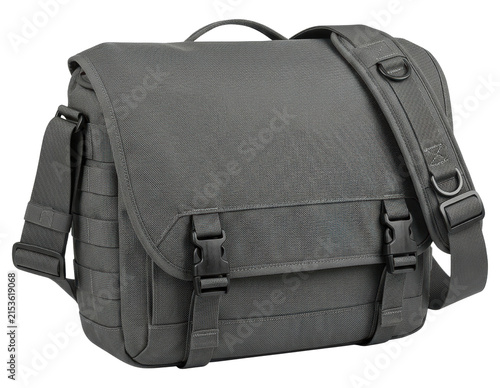 Grey tactical messenger bag with shoulder strap isolated transparent background