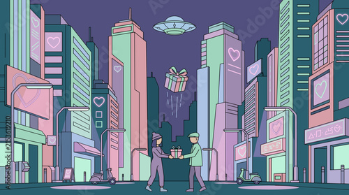 Two people exchange gifts in a stylized, neon-lit city with a UFO overhead, flat design vector illustration