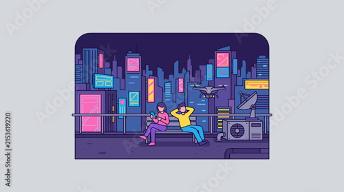 Two people relax on a rooftop overlooking a neon-lit futuristic city at night, with a drone flying nearby