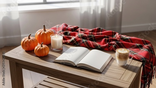 Cozy Autumn Still Life with Open Blank Book Pumpkins Candle and Latte on Wooden Table