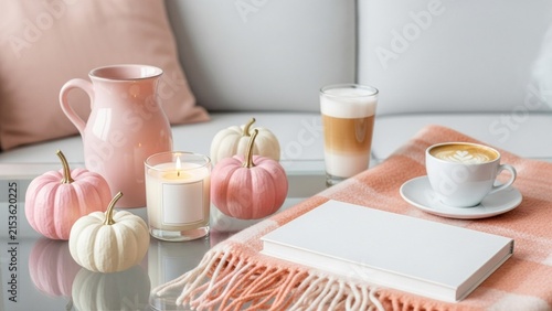 Cozy Autumn Still Life with Pink Pumpkins Hot Coffee and Scented Candle on Living Room Table
