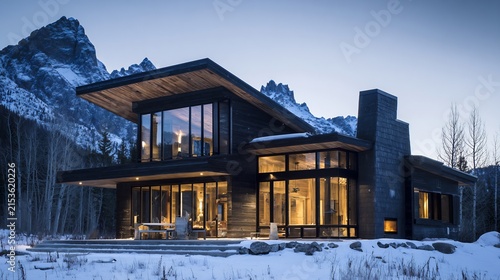 Modern mountain lodge charred wood Shou Sugi Ban exterior and massive glass windows snow capped peaks in the background warm interior glow