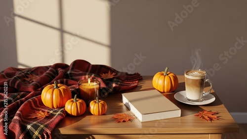 Cozy Autumn Scene with Hot Coffee Book and Pumpkins on Wooden Table