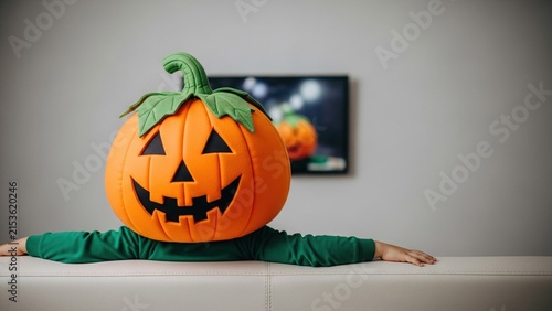 Child Wearing A Funny Halloween Pumpkin Mask Sitting On A Sofa