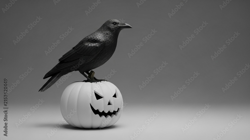 Obraz premium Minimalist Halloween Composition with Black Raven on White Jack O Lantern