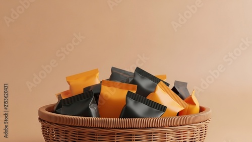 Wicker Basket Filled with Blank Orange and Black Snack Food Pouches