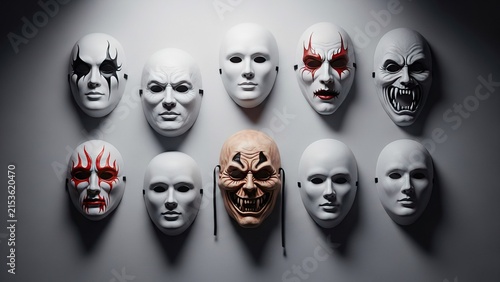 Collection of Horror and Theater Masks Displayed on Grey Wall