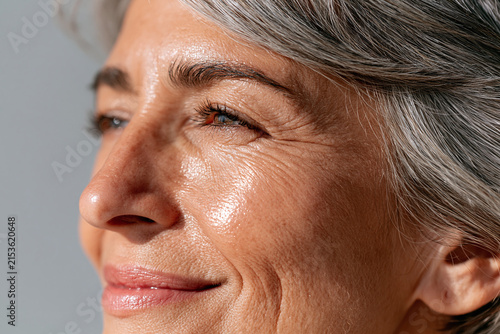 Elderly woman smiling close up skin wrinkle gray hair portrait glowing healthy skin natural light expressive face