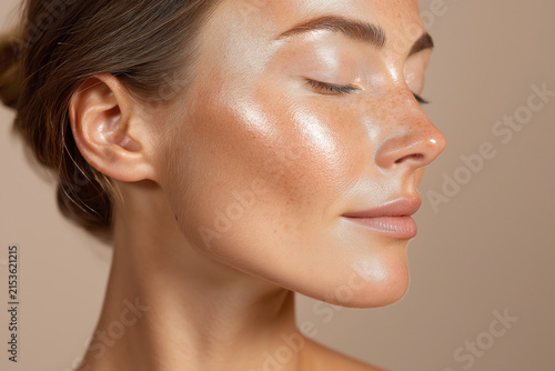 Glowing hydrated skin close up luminous cheek hydration glow smooth complexion natural freckle