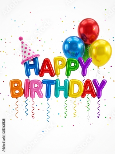 A festive Happy Birthday sign made of colorful metallic foil balloons with a party hat and confetti on a white background