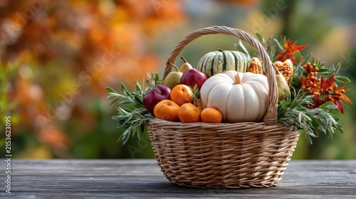 Baskets filled with autumn fruits and vegetables on a wooden table with warm colors in the background