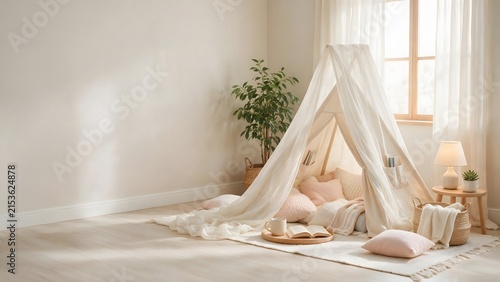 Pastel bedroom corner featuring sheer canopy draped over reading tent. Interior design concept