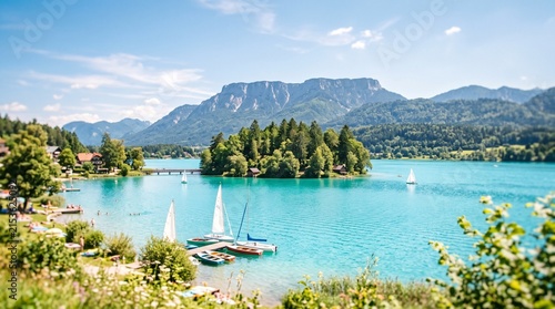 Stunning panoramic view of a turquoise alpine lake with a small lush island, sailboats docked at a wooden pier, and majestic mountain peaks under a bright clear blue sky in Fuschlsee, Austria.