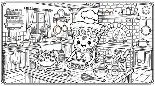 A happy pizza slice character wearing a chef hat and apron baking fresh pizza in a cozy rustic kitchen with brick oven for coloring page