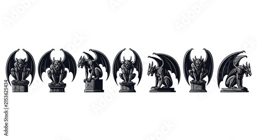 Obraz na plátne Gothic gargoyle statue collection, 7 dark stone demon sculptures with wings, myt