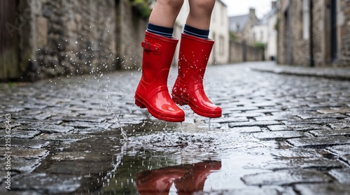 Child jumping in puddle wearing red rain boots on cobblestone street.