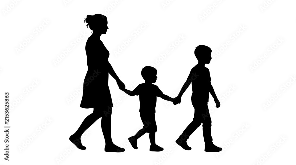Obraz premium Mother holding hands with two young sons walking together in black silhouette on white background