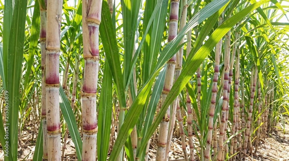 Obraz premium Sugarcane plants growing in a sunny field, highlighting lush green leaves and stalks