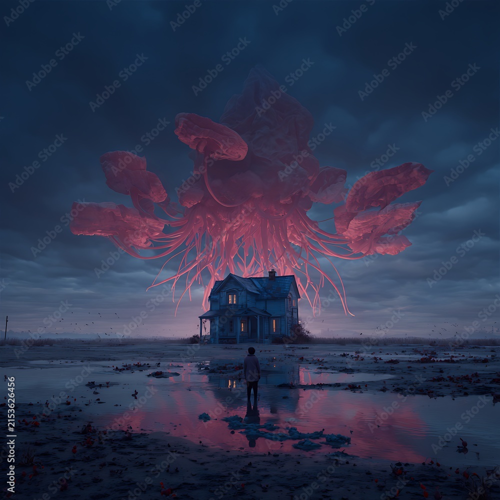 Obraz premium A lone figure stands before a dark house under a glowing, massive, jellyfish-like creature floating ominously in a stormy, reflective landscape.