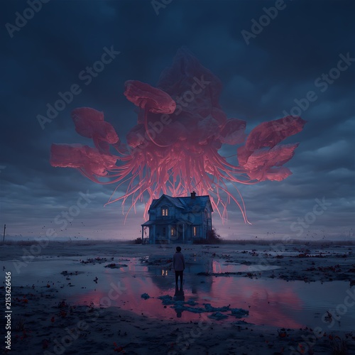 A lone figure stands before a dark house under a glowing, massive, jellyfish-like creature floating ominously in a stormy, reflective landscape.