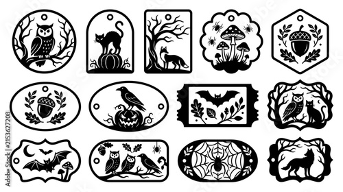 Set of decorative black and white nature themed gift tags featuring woodland animals and forest elements as an isolated object on isolated on transparent background
