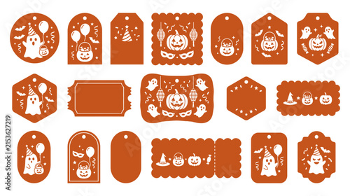 Set of various decorative halloween gift tags featuring ghosts pumpkins and festive patterns in orange and white colors isolated on transparent background