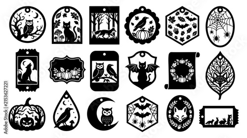 Set of various decorative halloween themed tags featuring spooky silhouettes and festive icons for holiday crafting projects isolated on transparent background isolated on transparent background