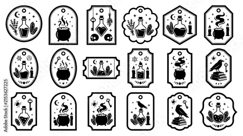 A collection of various mystical witchy gift tags featuring magical symbols and occult illustrations presented as an isolated object on a isolated on transparent background
