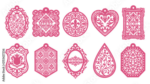 A collection of ten intricate pink decorative laser cut hanging tags featuring various geometric and floral patterns presented as an isolated on transparent background